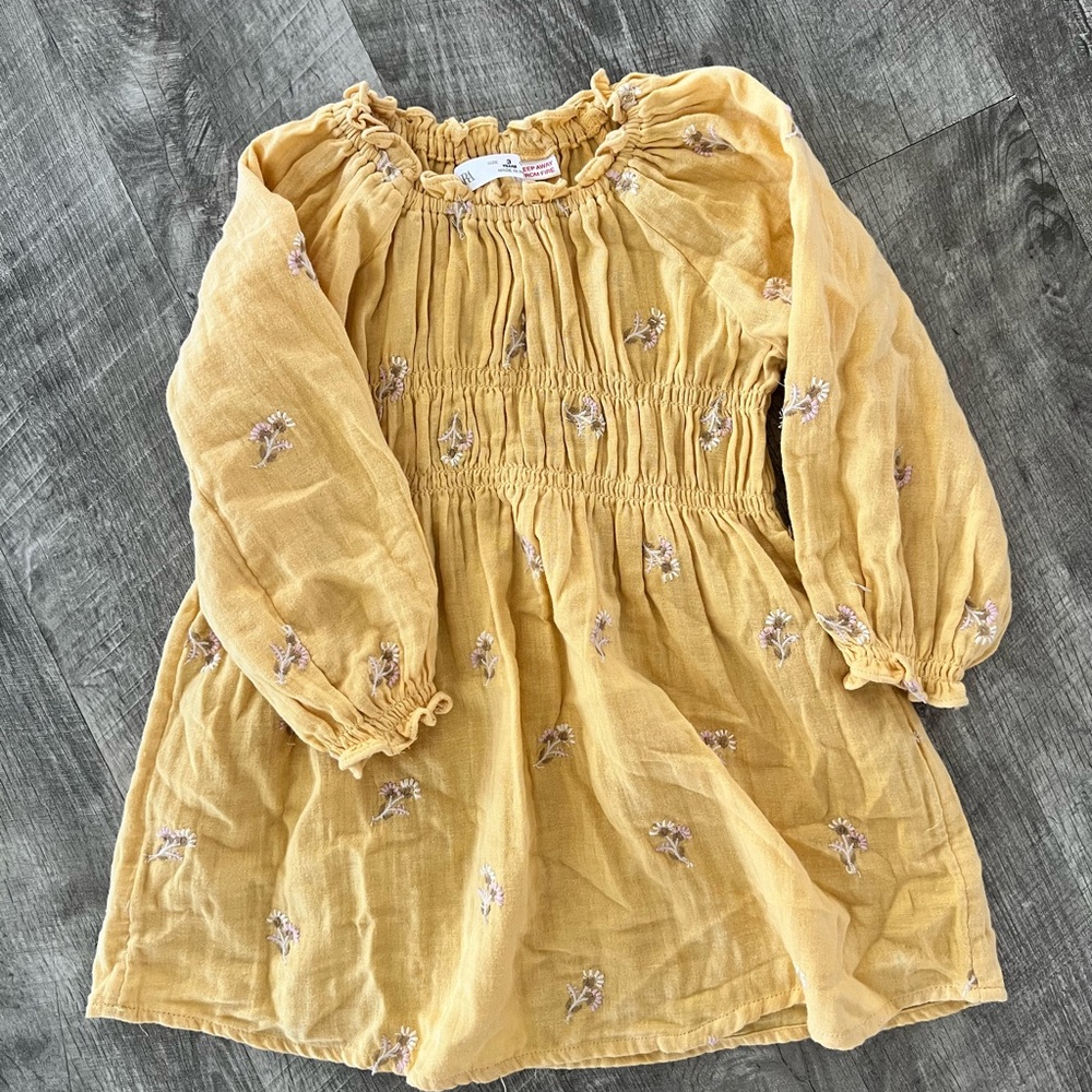 Zara Mustard Kids Dress with Floral Embroidery